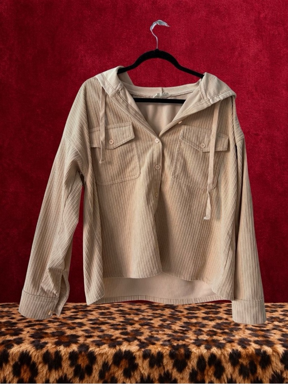 Beige Corduroy Hooded Shacket Button Up Fall Jacket